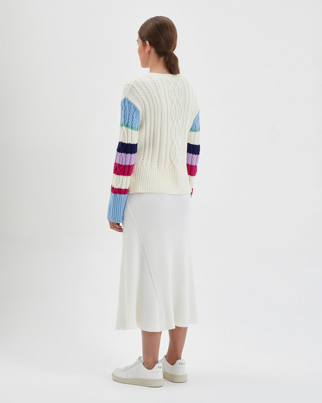Unique multi-color Merino wool sweater with crochet details