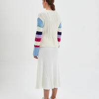Unique multi-color Merino wool sweater with crochet details
