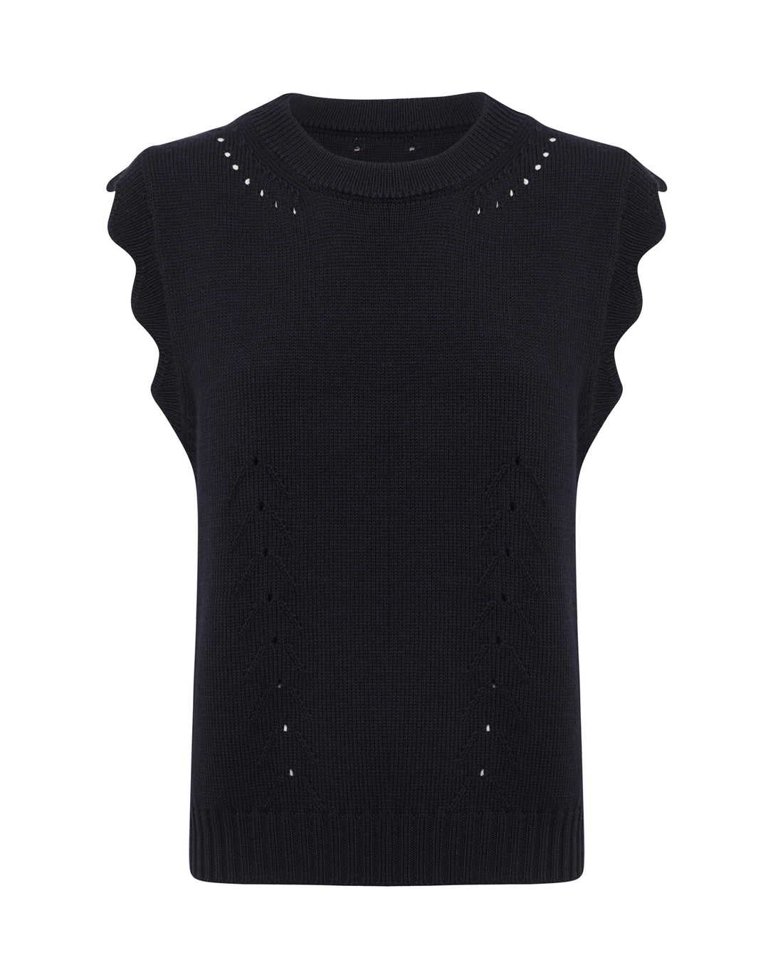 Close up of black Scallop Vest with intricate pointelle and scallop details.