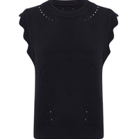 Close up of black Scallop Vest with intricate pointelle and scallop details.