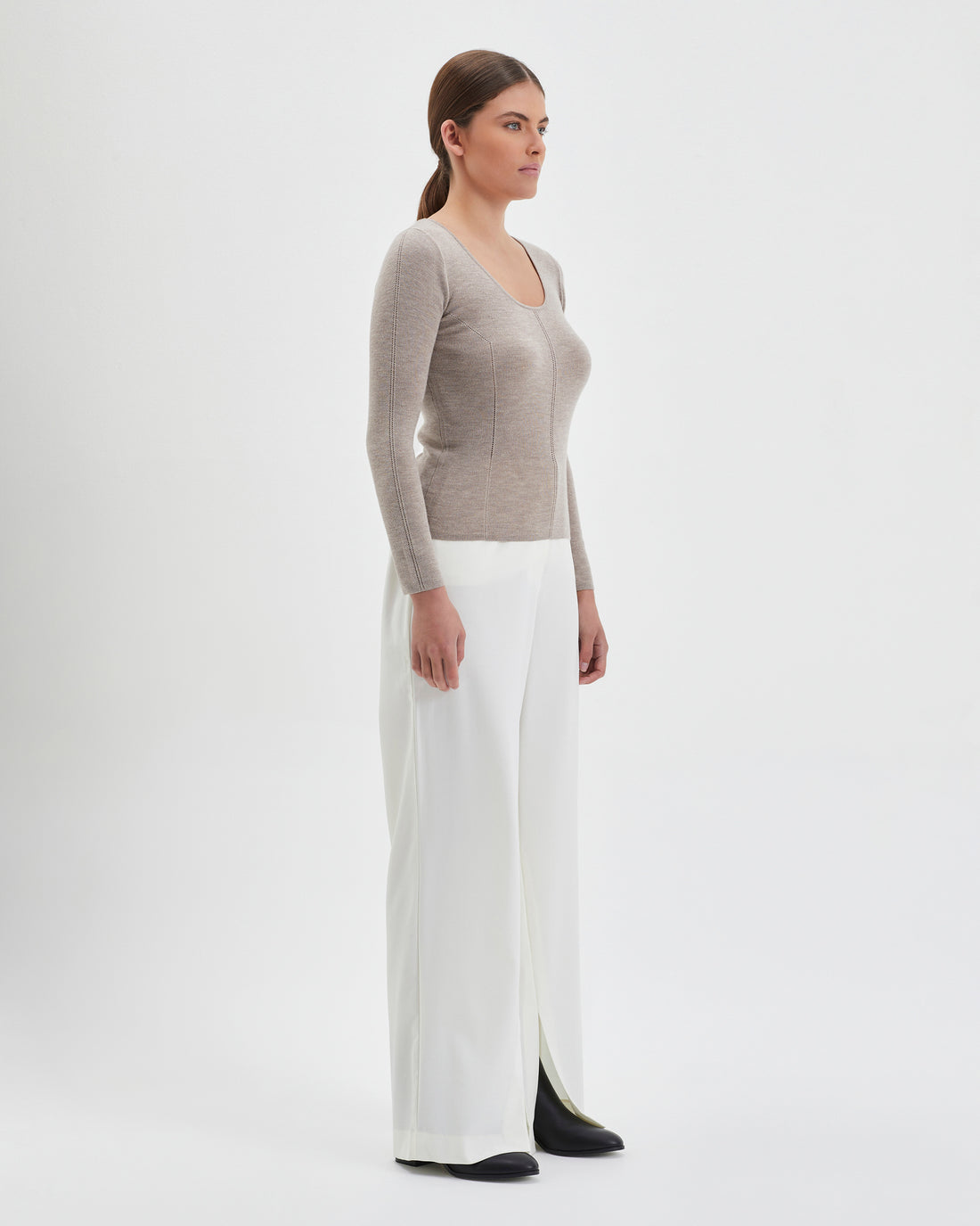 Close-up of Bracken Melange skivvy top in fine Merino wool, showcasing a comfortable fit