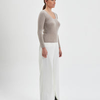 Close-up of Bracken Melange skivvy top in fine Merino wool, showcasing a comfortable fit