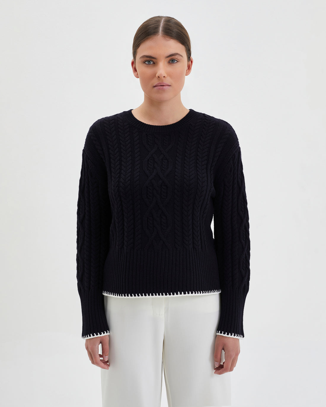 Black Merino wool crochet sweater with cable design
