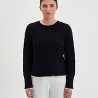 Black Merino wool crochet sweater with cable design