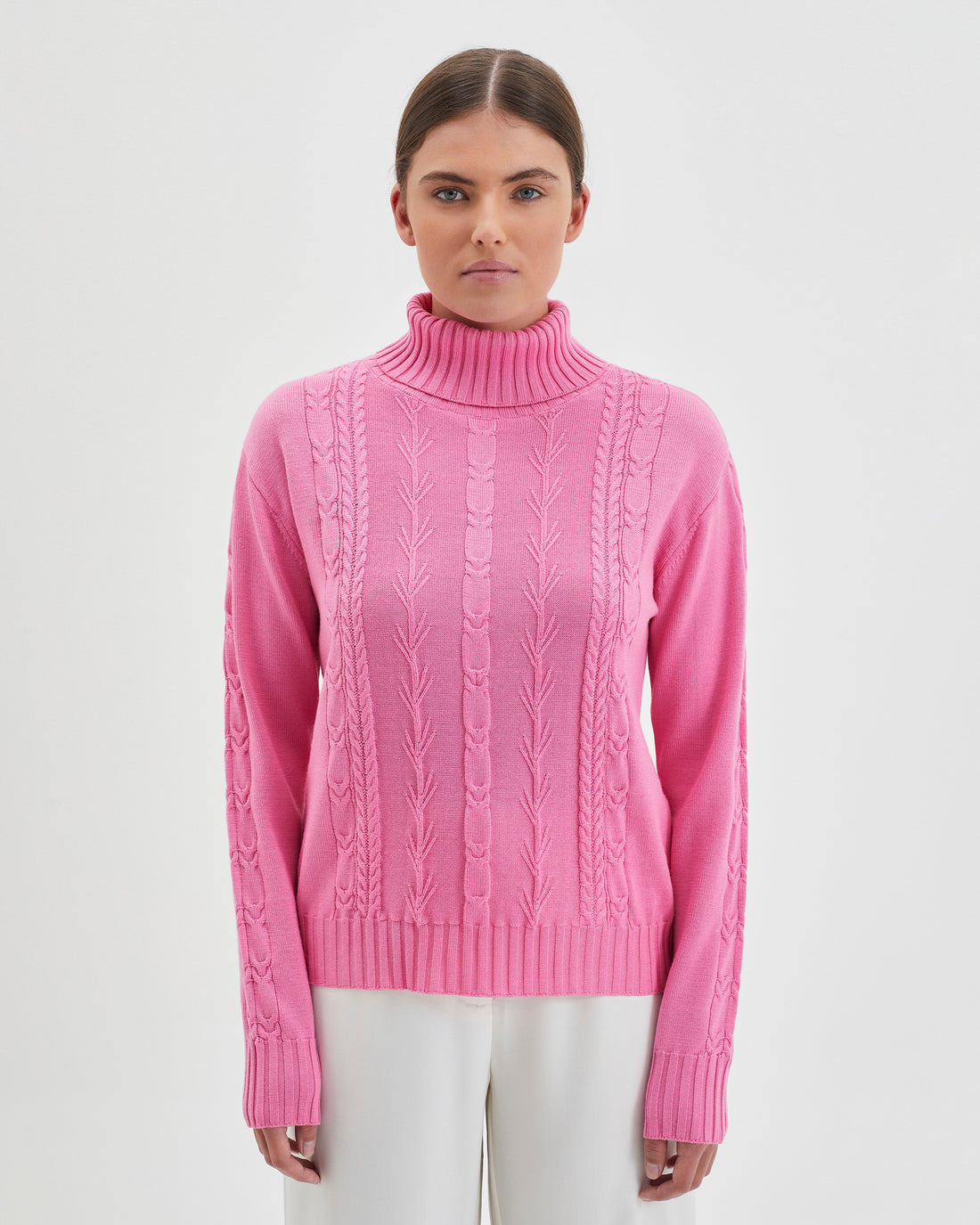 Candy pink Merino wool cable knit jumper