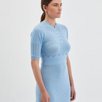 Elegant scalloped sleeves on seafoam-colored Pointelle Knit Dress.
