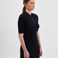 Close-up of scalloped sleeves on black Pointelle Knit Dress.