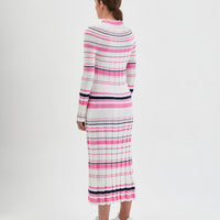 Close up of the long-sleeved ribbed wool Poppy Dress in candy stripe.