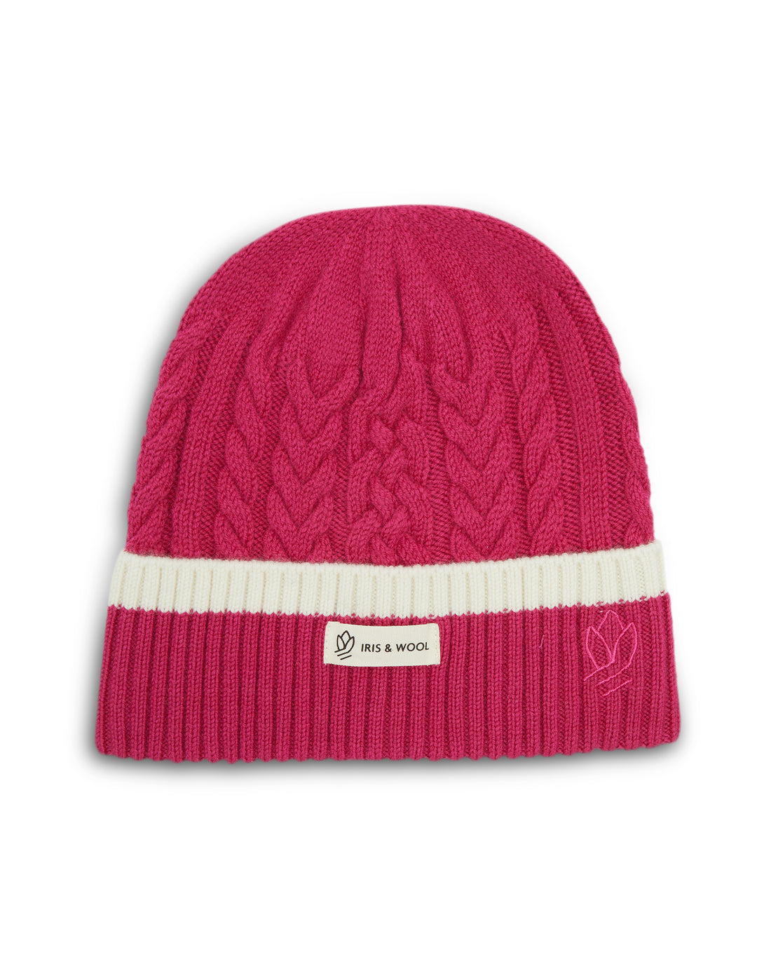 Close-up of Peony wool beanie with stylish plaited knit pattern.