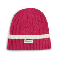 Close-up of Peony wool beanie with stylish plaited knit pattern.