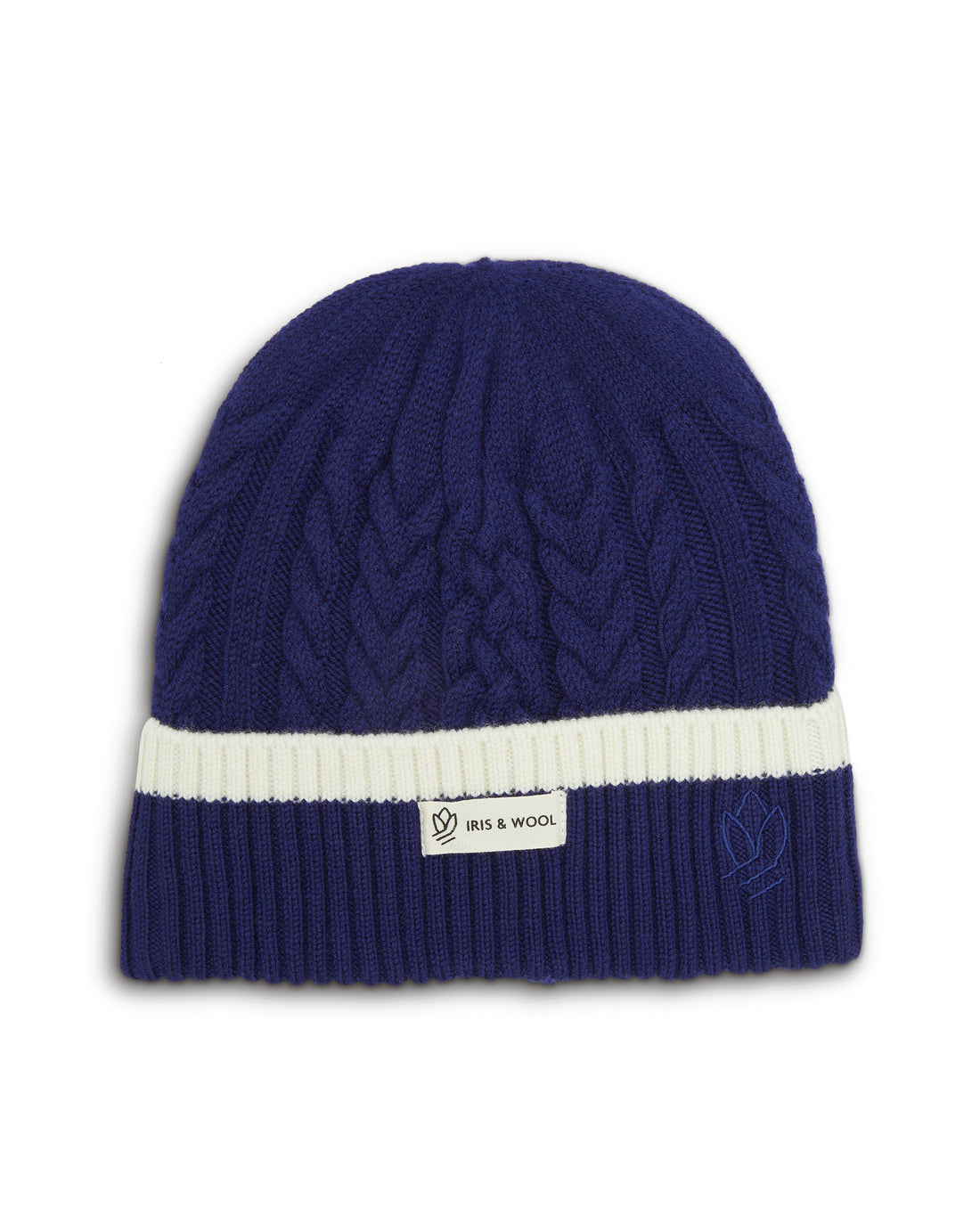 Close-up of Navy wool beanie, made from high-quality merino wool.