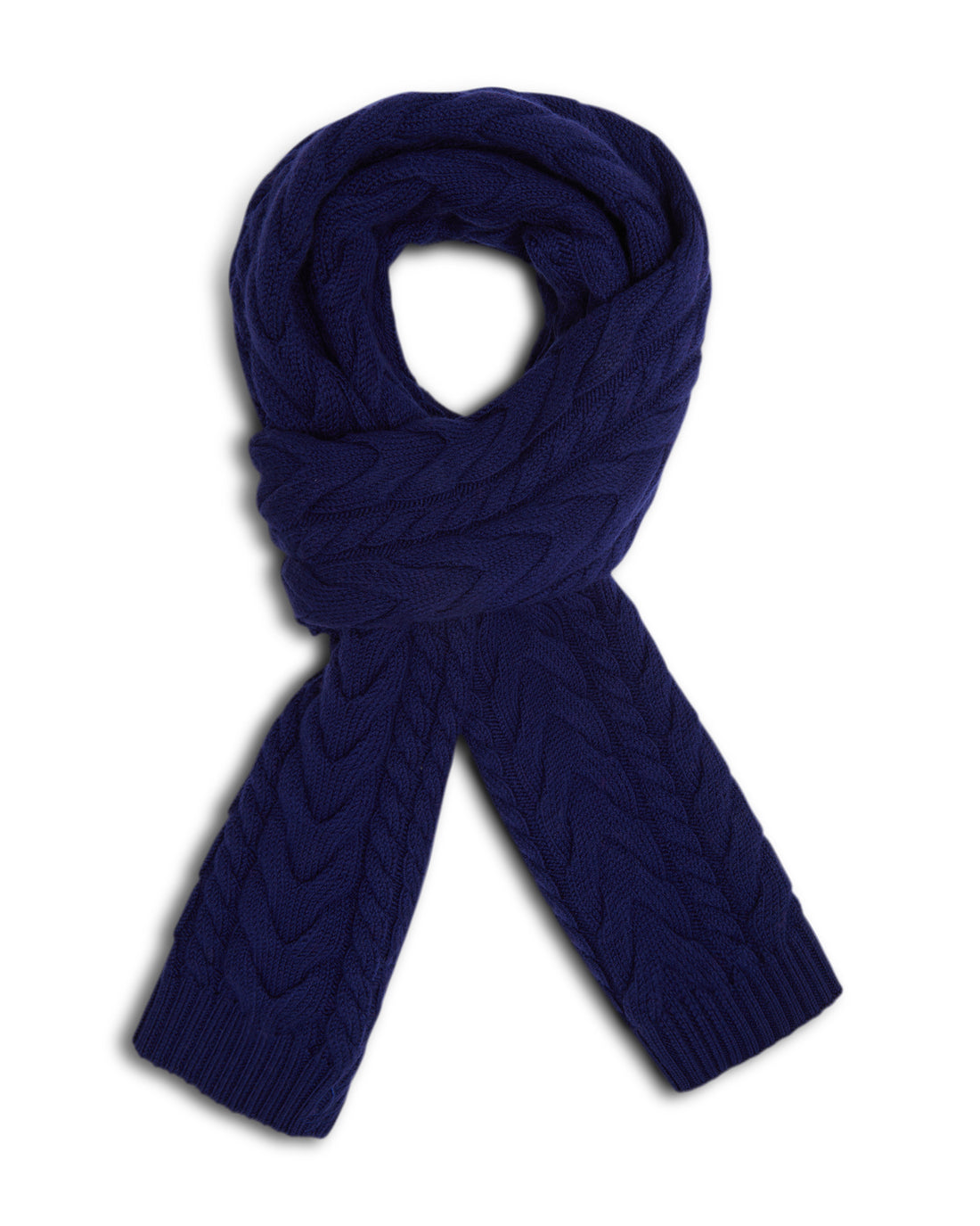 Navy wool plaited scarf with unique texture, crafted in merino wool.