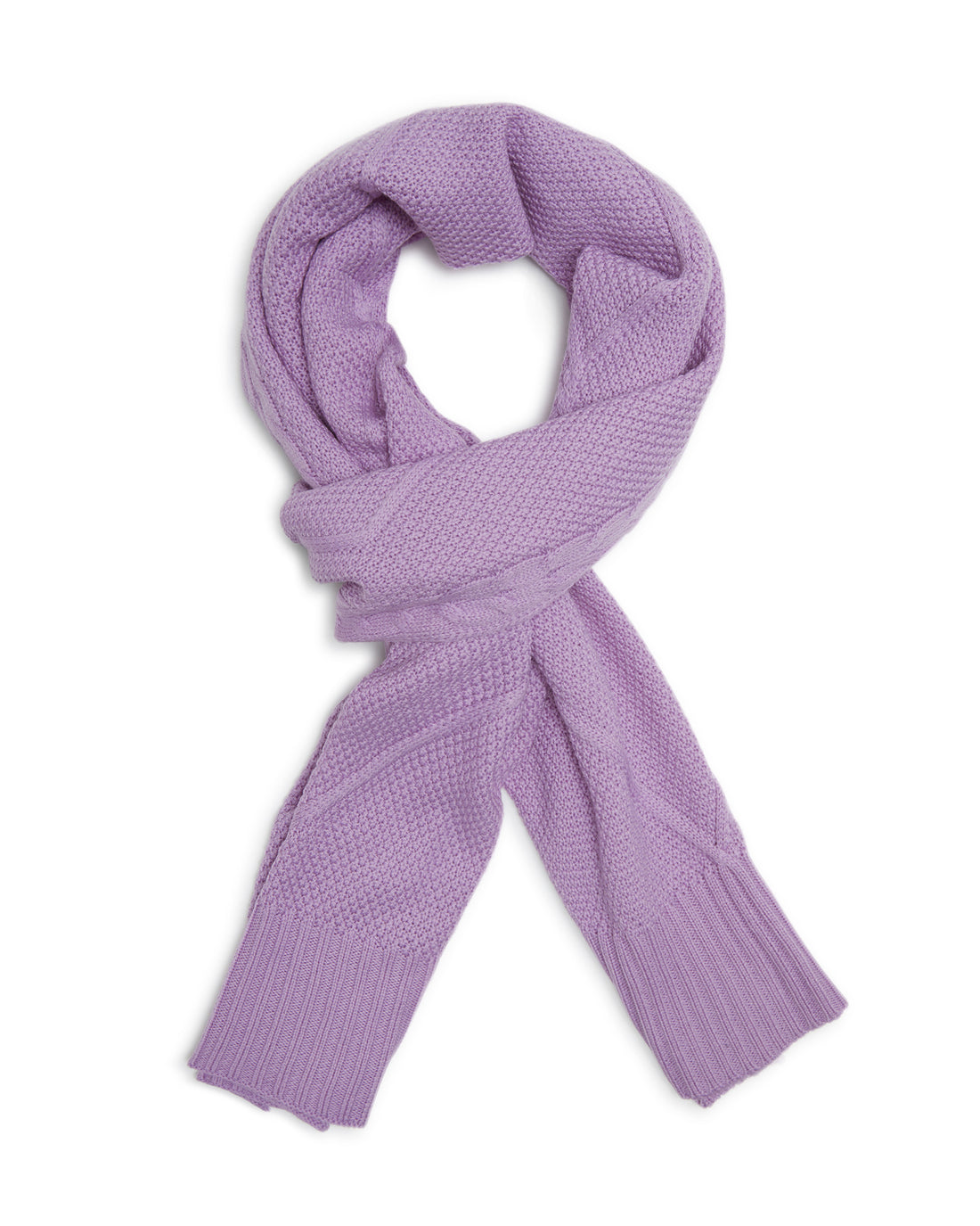 Iris-colored wool scarf with cable knit detailing in luxurious merino wool.
