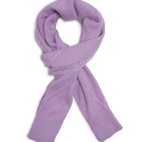 Iris-colored wool scarf with cable knit detailing in luxurious merino wool.