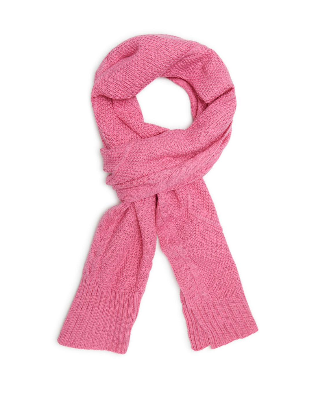 Candy-colored wool scarf in soft merino wool with intricate cable design.