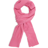 Candy-colored wool scarf in soft merino wool with intricate cable design.