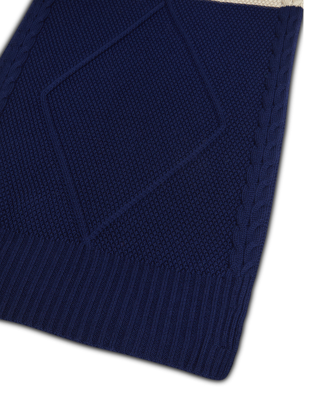 Close-up of Navy merino wool scarf, highlighting cable texture.