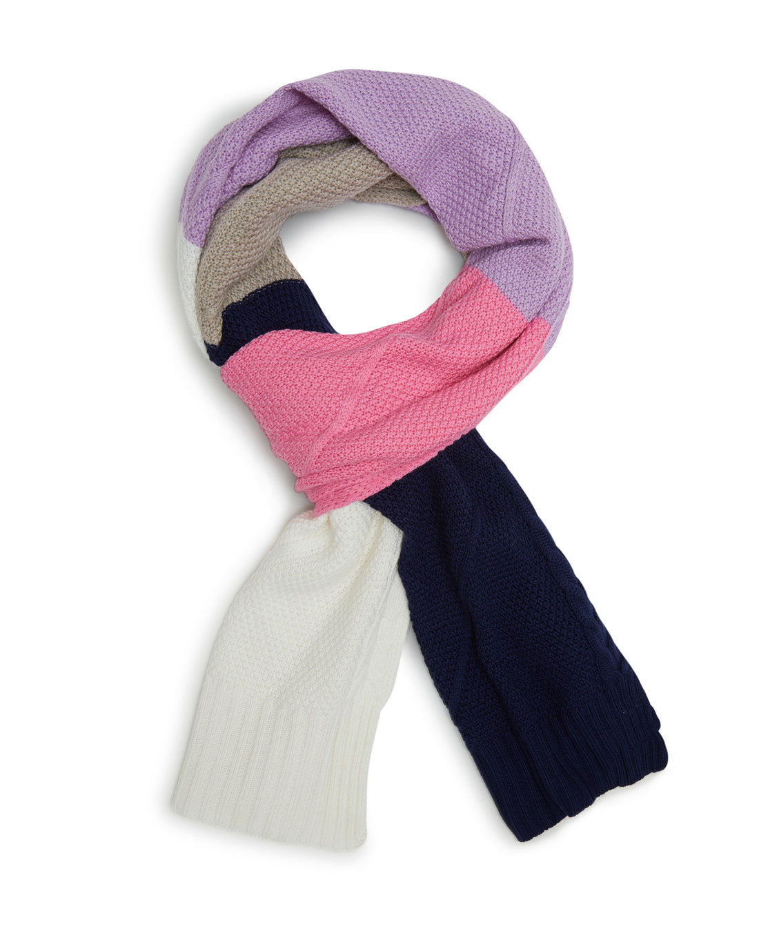 Multi Color wool scarf in merino wool with vibrant cable knit design.