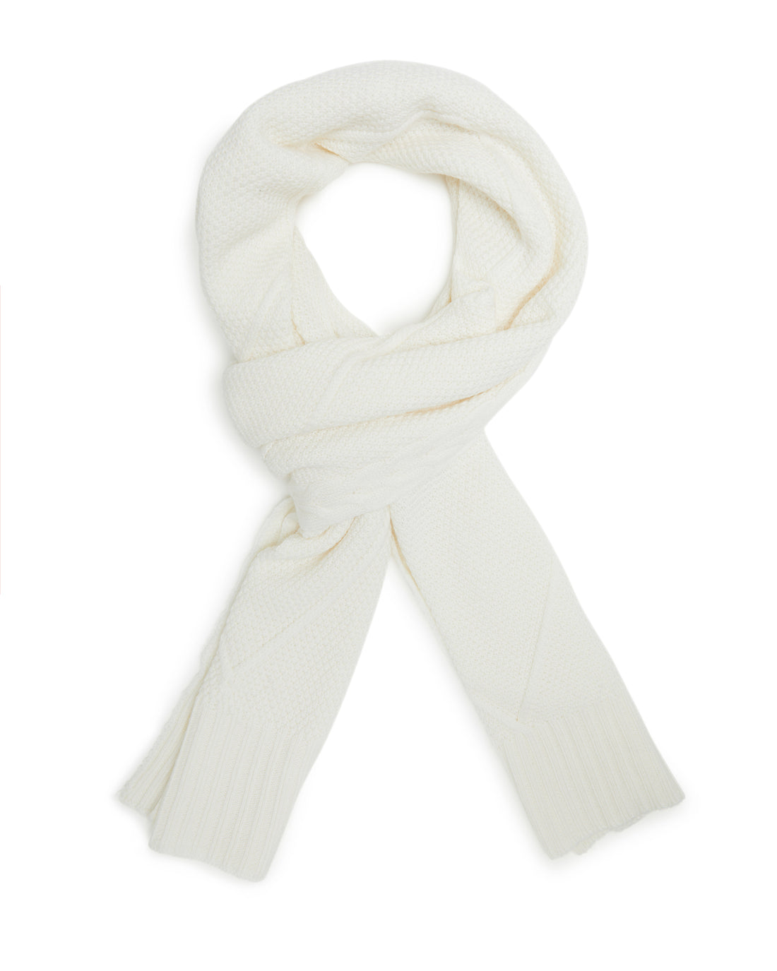 Ivory-colored wool scarf in soft merino wool with classic cable detailing.