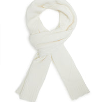 Ivory-colored wool scarf in soft merino wool with classic cable detailing.