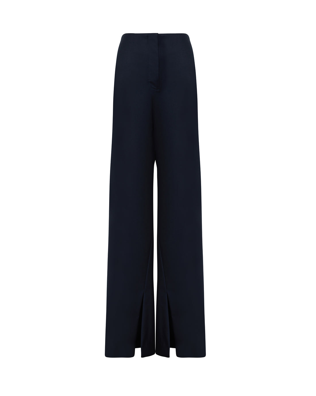 Front view of navy wool pants with side splits.