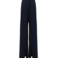 Front view of navy wool pants with side splits.