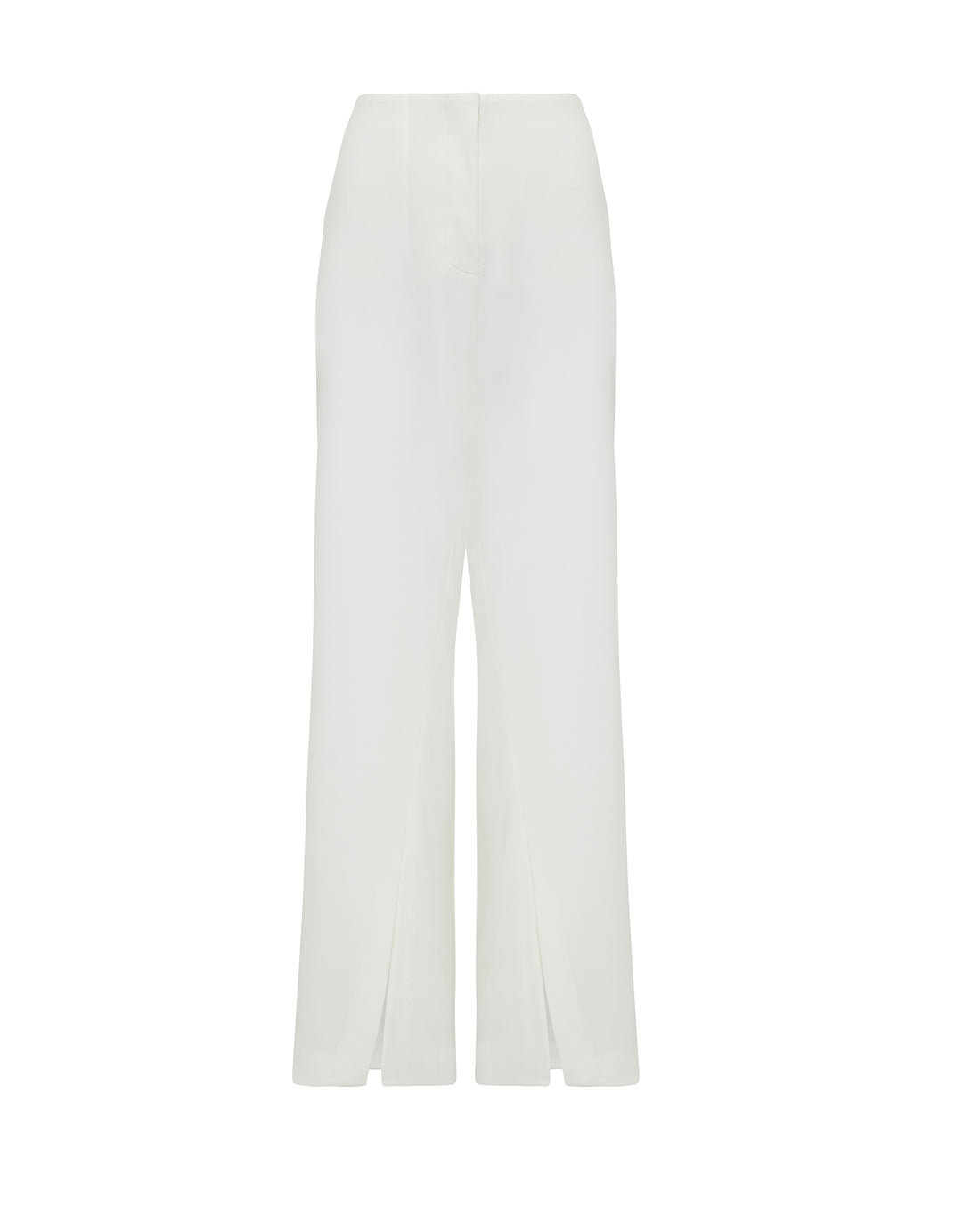 Front view of the ivory wool pants with side split detail