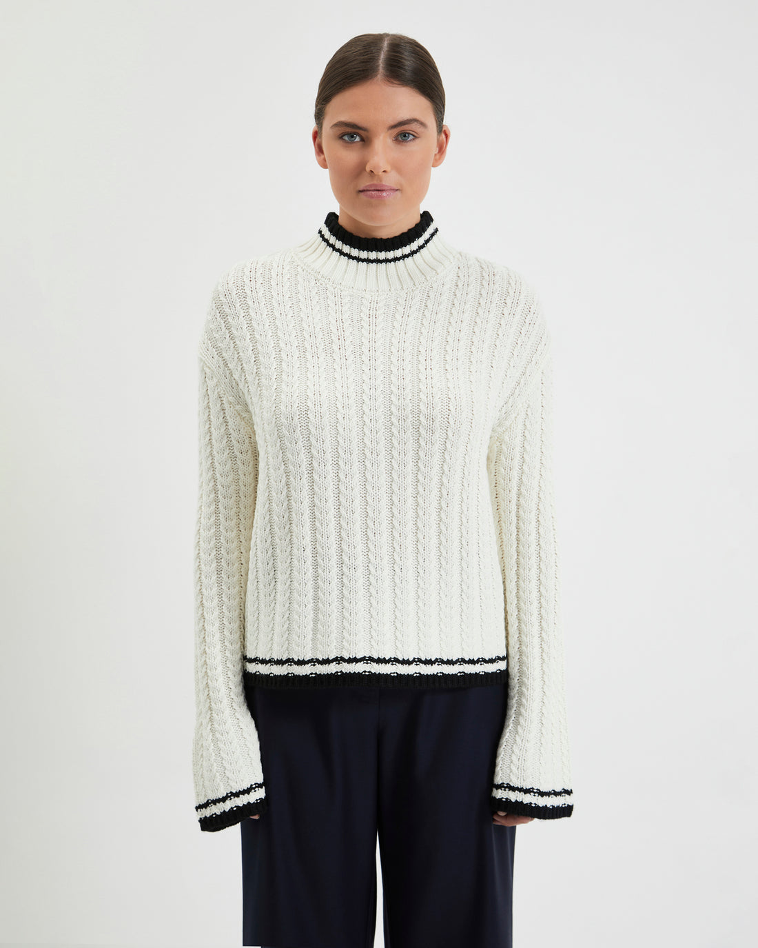 Katherine Sweater in Australian Merino wool blend with stylish contrast details.