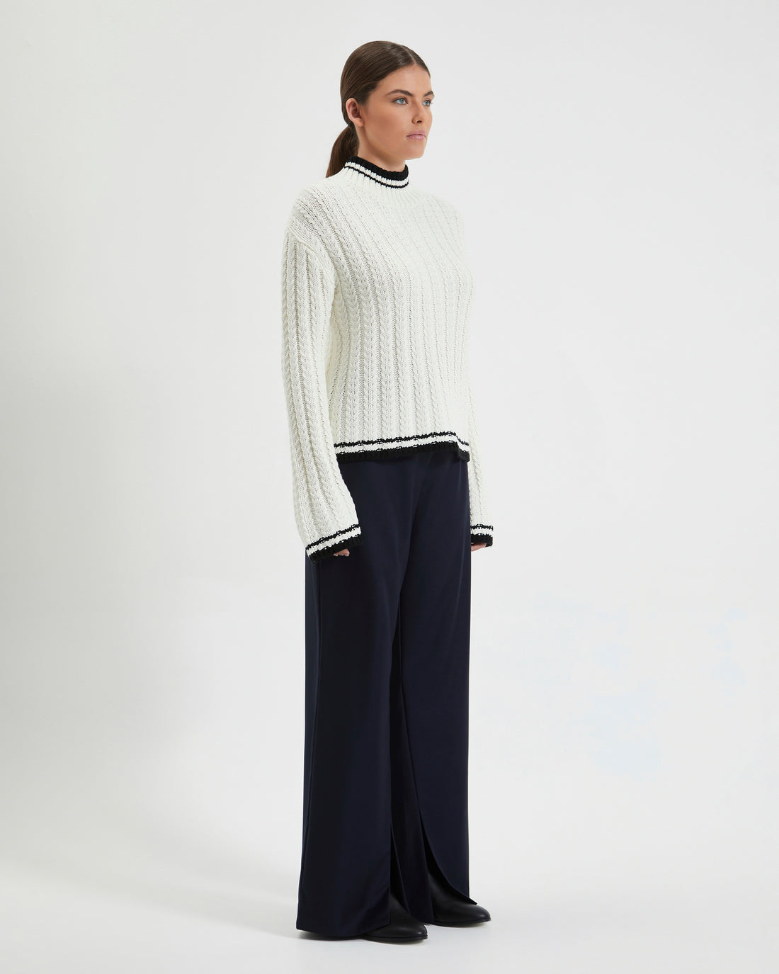 Mid-weight Katherine Sweater with contrasting cuffs, waistband, and neckline.