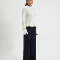 Mid-weight Katherine Sweater with contrasting cuffs, waistband, and neckline.