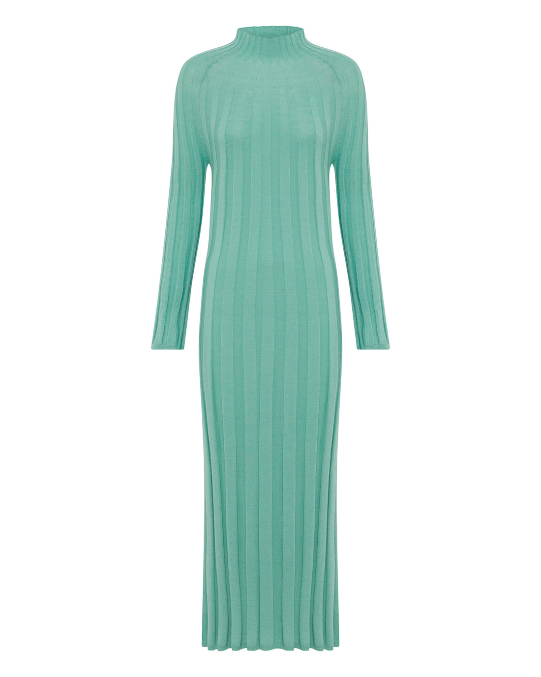 Close up of the long sleeved ribbed wool Poppy Dress in sage.
