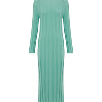 Close up of the long sleeved ribbed wool Poppy Dress in sage.