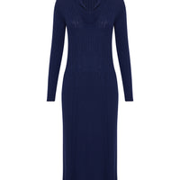 front view of the cable detail and collar of the wool rib Queenie dress.
