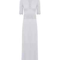 Close up of front view of pointelle wool dress with pointelle and scallop fine details