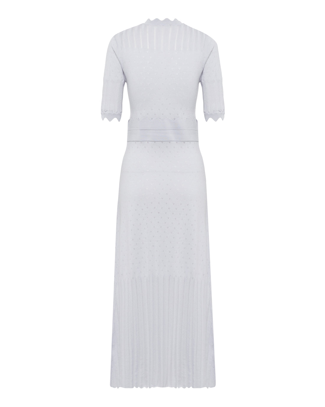 Close up of back view of pointelle wool dress with pointelle and scallop fine details