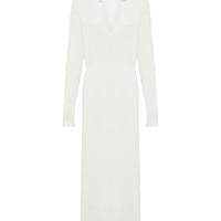 a classic fitted, long-sleeve ivory wool knit dress with intricate ruffle details.