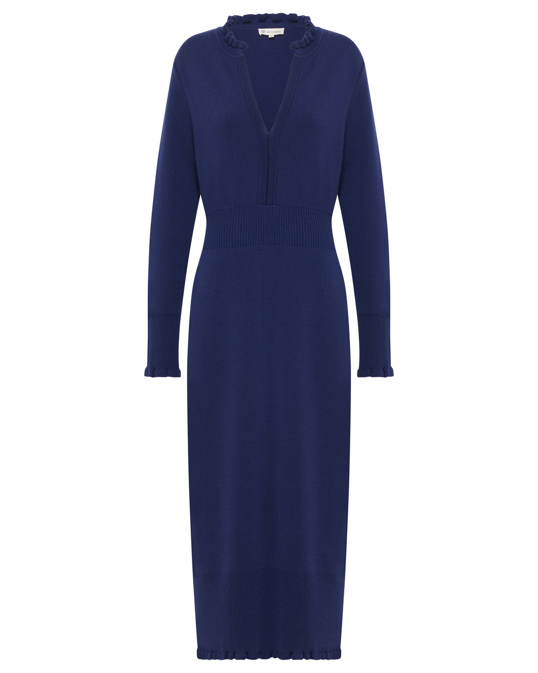 a classic fitted, long-sleeve navy dress with intricate ruffle details.