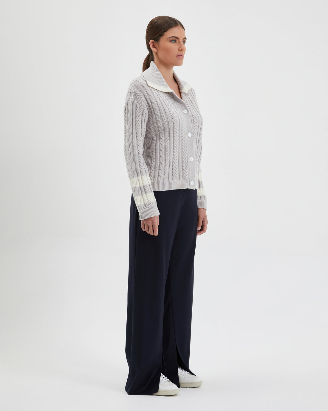 Model wears the Petrisse wool cardigan
