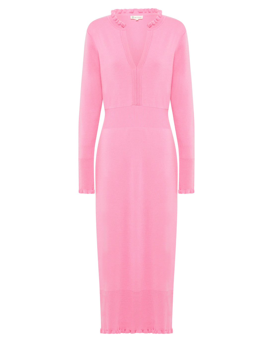 a classic fitted, long-sleeve candy pink wool knit dress with intricate ruffle details.