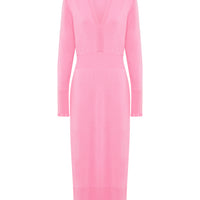 a classic fitted, long-sleeve candy pink wool knit dress with intricate ruffle details.