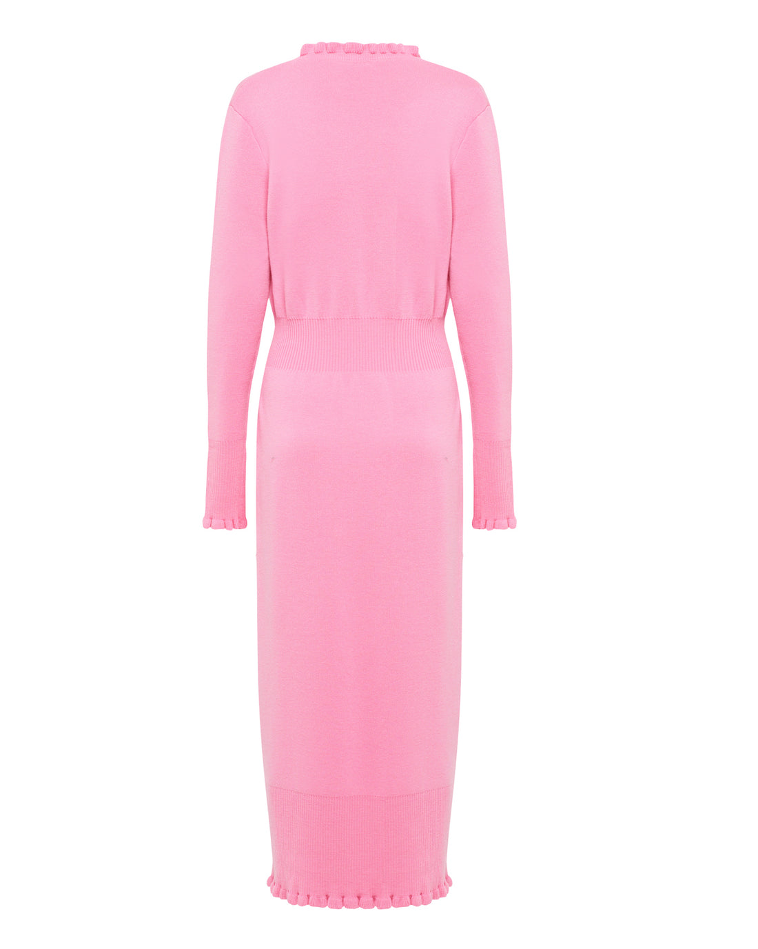 The waist is cinched with a ribbed knit design, accentuating the silhouette, while the sleeves end with matching ruffled cuffs