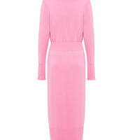 The waist is cinched with a ribbed knit design, accentuating the silhouette, while the sleeves end with matching ruffled cuffs