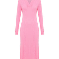 front view of the cable detail and collar of the wool rib Queenie dress.