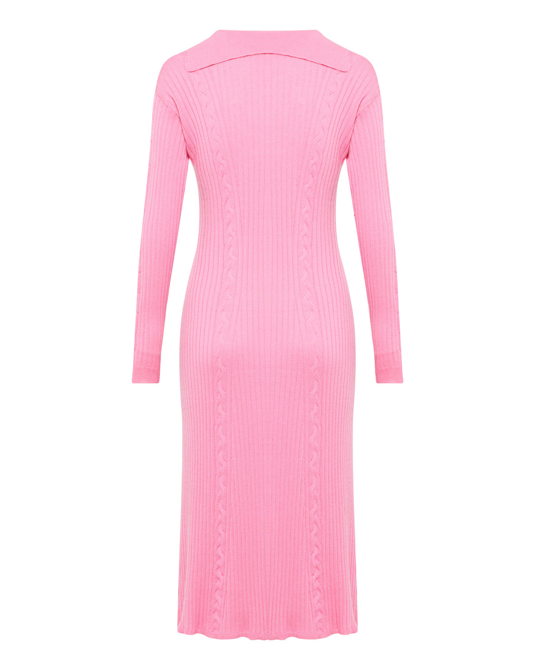 back view of the cable detail and collar of the wool rib Queenie dress.