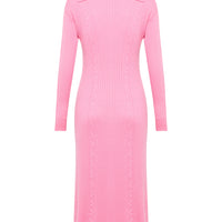 back view of the cable detail and collar of the wool rib Queenie dress.