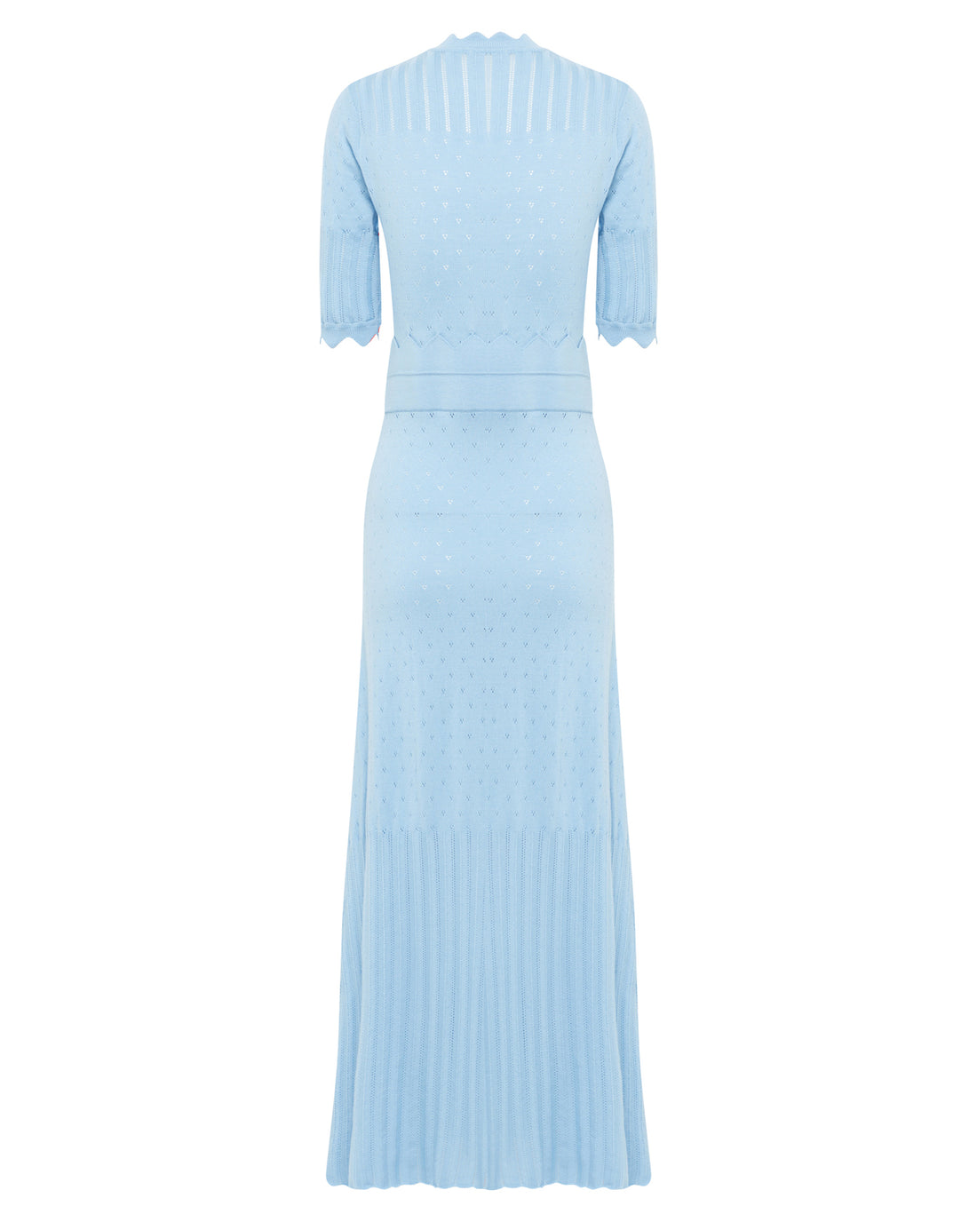 Close up of back view of pointelle wool dress with pointelle and scallop fine details