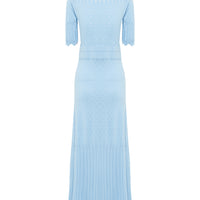Close up of back view of pointelle wool dress with pointelle and scallop fine details