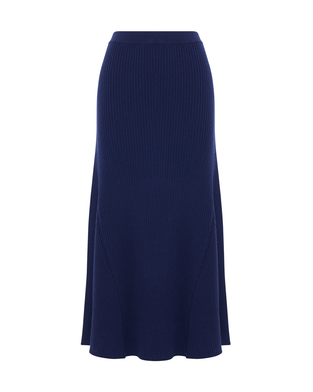 Close up of navy wool midi skirt