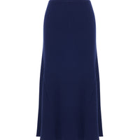 Close up of navy wool midi skirt