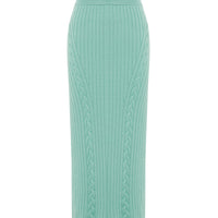 Close up of sage green merino wool midi skirt